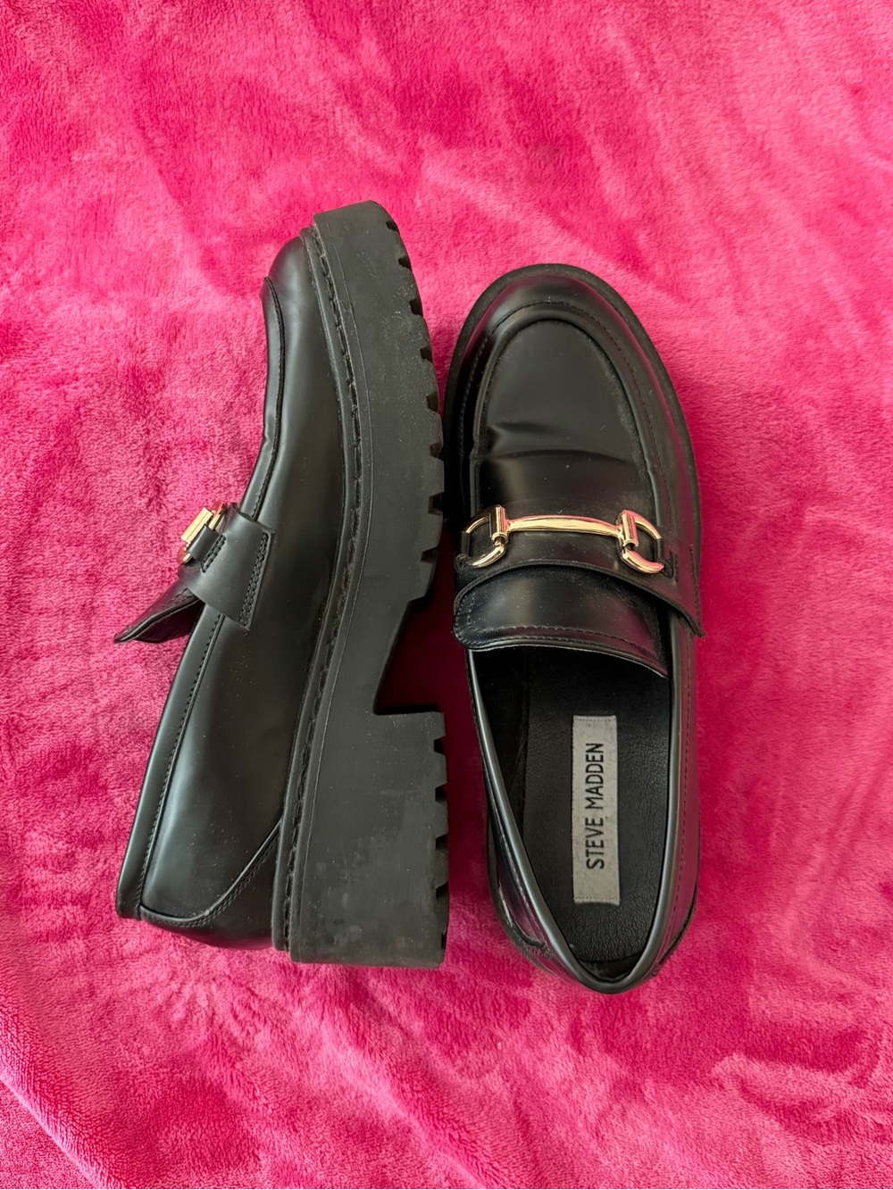 Steve Madden Black Loafers with Gold Bit Hardware